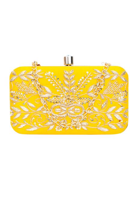 Buy_NR By Nidhi Rathi_Yellow Embroidery, Sequins Tulip Clutch_Online_at_Aza_Fashions