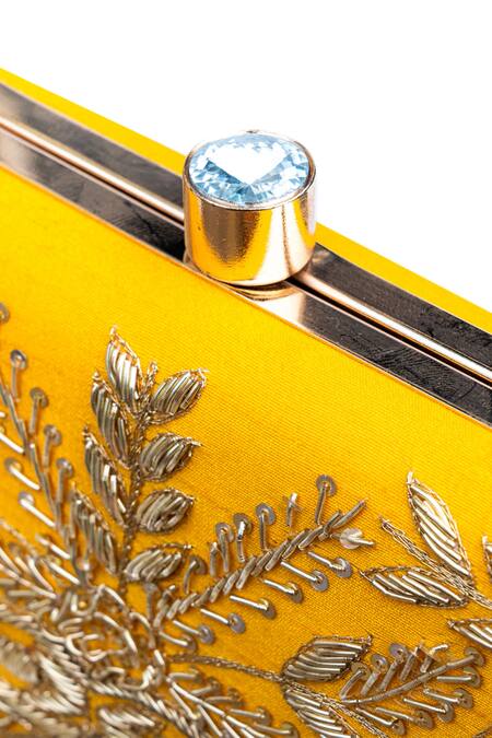 Shop_NR By Nidhi Rathi_Yellow Embroidery, Sequins Tulip Clutch_Online_at_Aza_Fashions