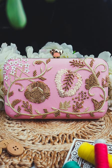 NR BY NIDHI RATHI Pink Hand Embroidered Isabella Floral Clutch 