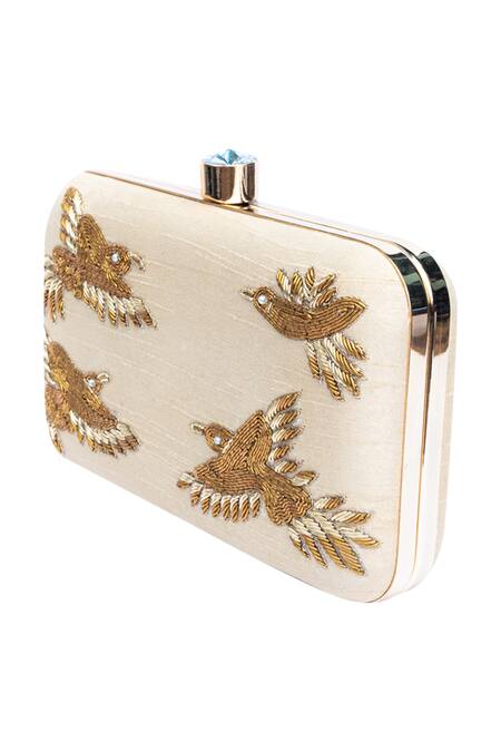 NR By Nidhi Rathi_Beige Hand Embroidered Raw Silk Eagle Clutch_Online_at_Aza_Fashions