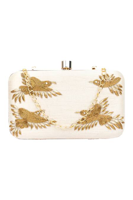 Buy_NR By Nidhi Rathi_Beige Hand Embroidered Raw Silk Eagle Clutch_Online_at_Aza_Fashions