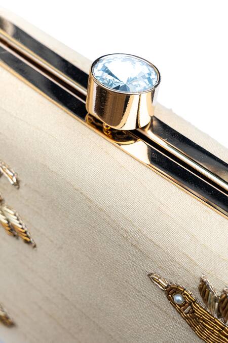 Shop_NR By Nidhi Rathi_Beige Hand Embroidered Raw Silk Eagle Clutch_Online_at_Aza_Fashions