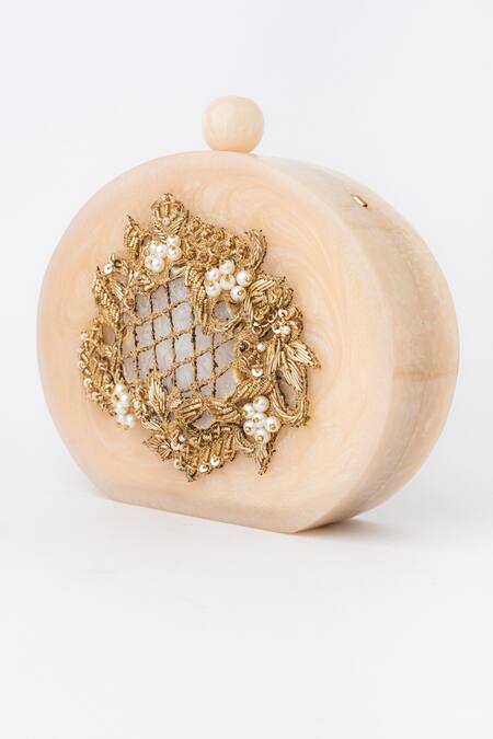 NR By Nidhi Rathi_Beige Embroidery, Sequins Resin Stone Embellished Clutch_Online_at_Aza_Fashions