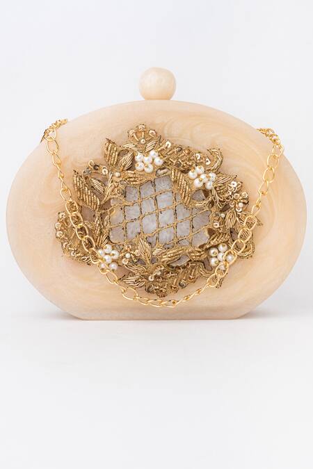 Buy_NR By Nidhi Rathi_Beige Embroidery, Sequins Resin Stone Embellished Clutch_Online_at_Aza_Fashions
