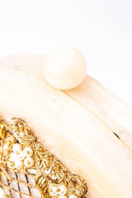NR By Nidhi Rathi_Beige Embroidery, Sequins Resin Stone Embellished Clutch_at_Aza_Fashions