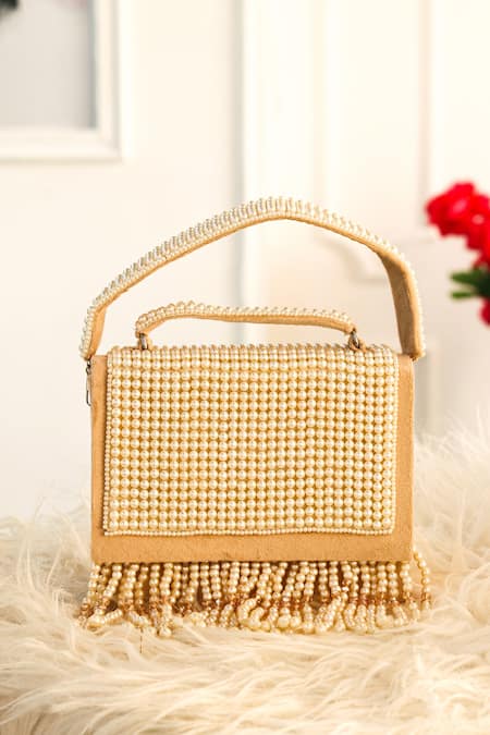 NR BY NIDHI RATHI Beige Hand Embroidered Pearl Embellished Bag 