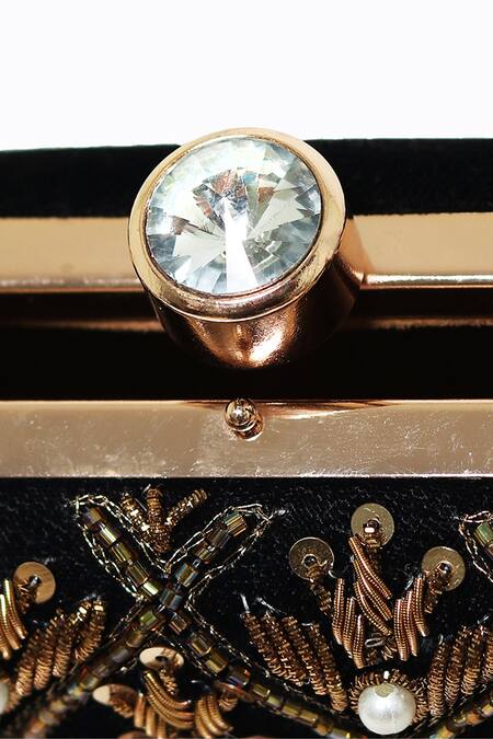 Shop_NR By Nidhi Rathi_Black Hand Embroidered Silk Clutch Bag_Online_at_Aza_Fashions