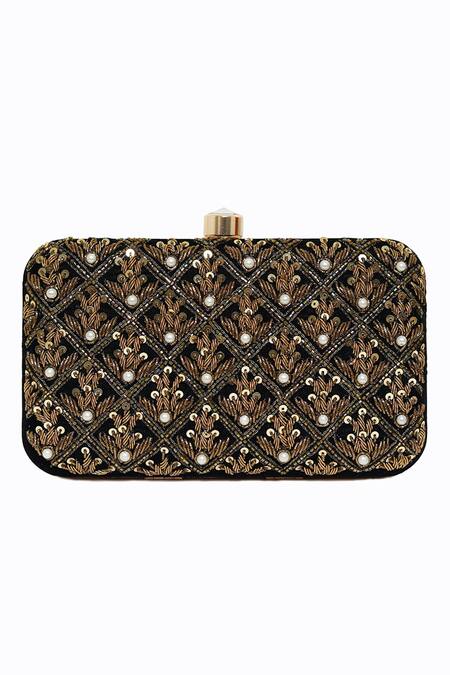NR By Nidhi Rathi_Black Hand Embroidered Silk Clutch Bag_Online_at_Aza_Fashions
