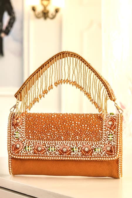 NR BY NIDHI RATHI Gold Hand Embellished Suede Flap Bag 