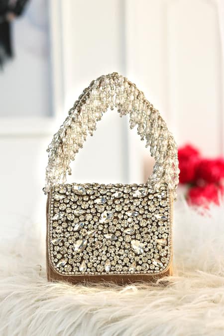 NR BY NIDHI RATHI Beige Hand Embellished Mini Studded Flap Bag 