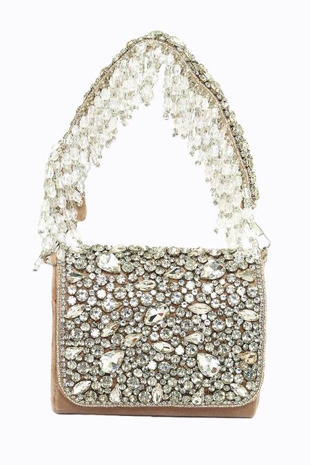 NR By Nidhi Rathi_Beige Hand Embellished Mini Studded Flap Bag_Online_at_Aza_Fashions