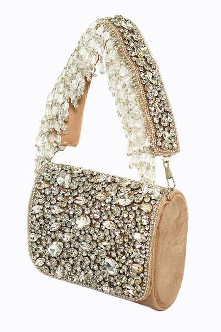 Buy_NR By Nidhi Rathi_Beige Hand Embellished Mini Studded Flap Bag_Online_at_Aza_Fashions