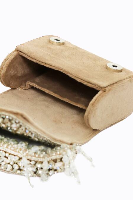 Shop_NR By Nidhi Rathi_Beige Hand Embellished Mini Studded Flap Bag_Online_at_Aza_Fashions