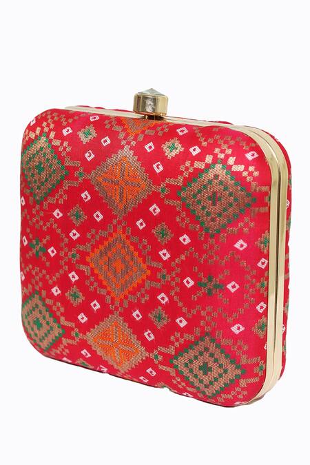 Buy_NR By Nidhi Rathi_Coral Printed Banarasi Geometric Clutch Bag_Online_at_Aza_Fashions