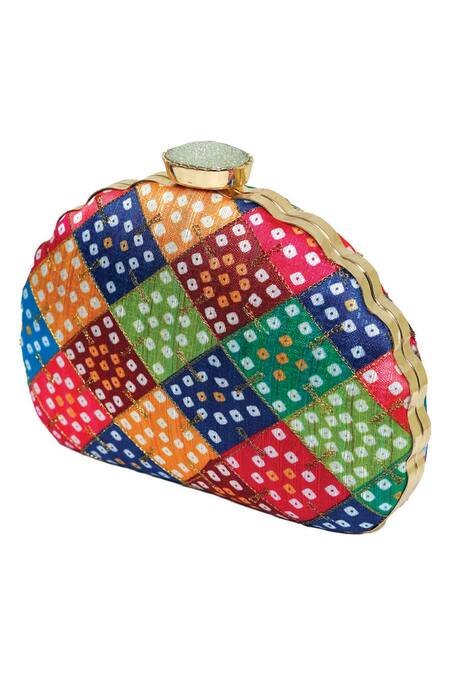 Buy_NR By Nidhi Rathi_Multi Color Digital Print Bandhani Clutch Bag_Online_at_Aza_Fashions