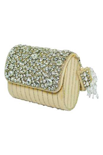 NR By Nidhi Rathi_Cream Stone Suede Embellished Hand Bag_Online_at_Aza_Fashions