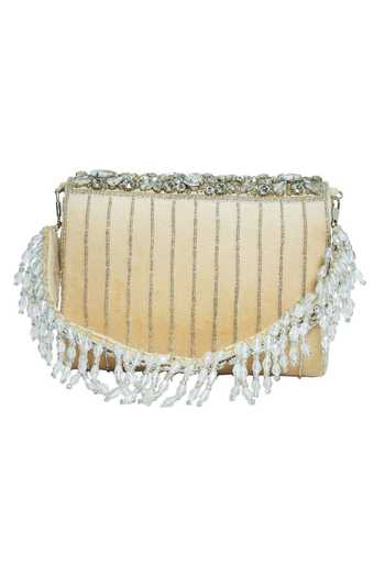 Buy_NR By Nidhi Rathi_Cream Stone Suede Embellished Hand Bag_Online_at_Aza_Fashions