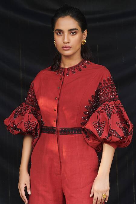 Buy_Chandrima_Red Kala Cotton Round Jumpsuit _Online_at_Aza_Fashions