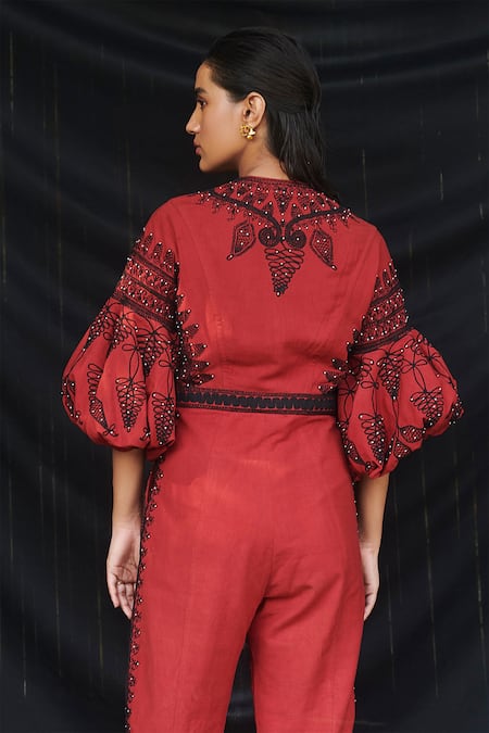 Shop_Chandrima_Red Kala Cotton Round Jumpsuit _at_Aza_Fashions
