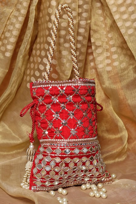 NR BY NIDHI RATHI Red Mirror Floral Geometric Embroidered Potli Bag 