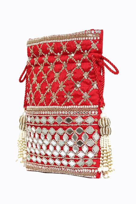NR By Nidhi Rathi_Red Mirror Floral Geometric Embroidered Potli Bag_Online_at_Aza_Fashions