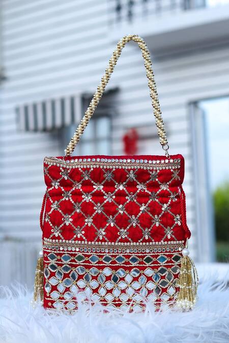 Buy NR By Nidhi Rathi Red Mirror Floral Geometric Embroidered Potli Bag Online at Aza Fashions Buy_NR By Nidhi Rathi_Red Mirror Floral Geometric Embroidered Potli Bag_Online_at_Aza_Fashions