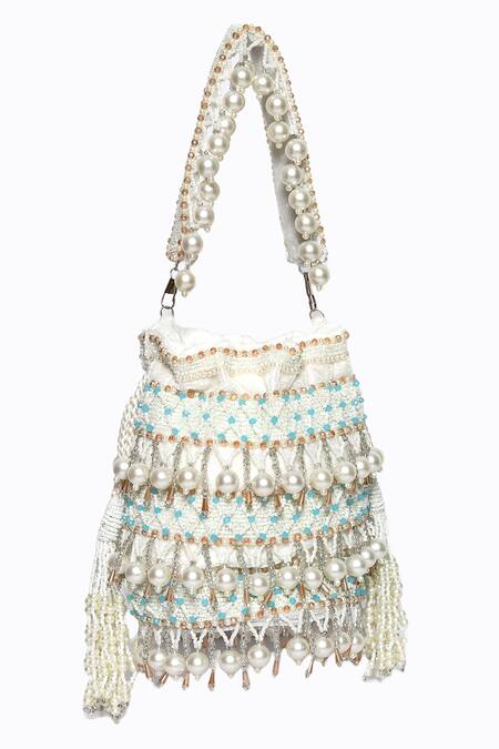 NR By Nidhi Rathi_White Embroidered Pearl Potli_Online_at_Aza_Fashions