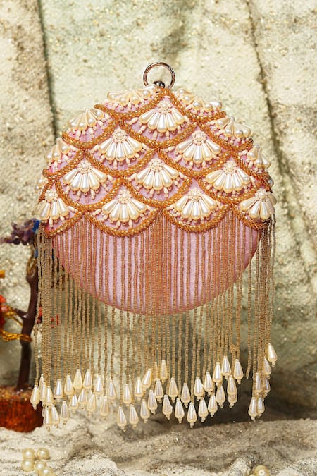 NR By Nidhi Rathi Pink Embroidered Pearl Drop Round Clutch With Sling