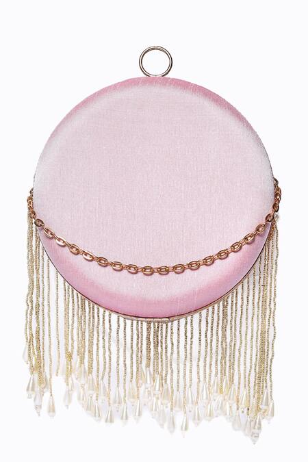 Shop NR By Nidhi Rathi Pink Embroidered Pearl Drop Round Clutch With Sling at Aza Fashions Shop_NR By Nidhi Rathi_Pink Embroidered Pearl Drop Round Clutch With Sling_at_Aza_Fashions