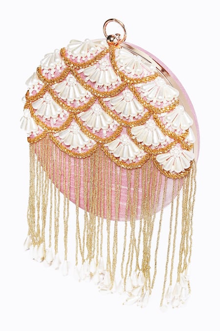 Buy NR By Nidhi Rathi Pink Embroidered Pearl Drop Round Clutch With Sling Online at Aza Fashions Buy_NR By Nidhi Rathi_Pink Embroidered Pearl Drop Round Clutch With Sling_Online_at_Aza_Fashions