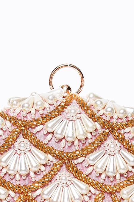 NR By Nidhi Rathi Pink Embroidered Pearl Drop Round Clutch With Sling at Aza Fashions NR By Nidhi Rathi_Pink Embroidered Pearl Drop Round Clutch With Sling_at_Aza_Fashions
