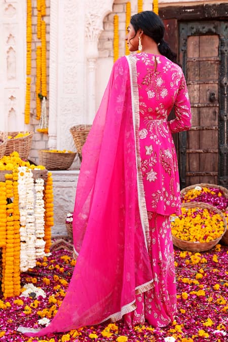 Shop Chhavvi Aggarwal Pink Organza, Crepe Floral Motifs, Sequin Work, Dabka Print Kurta Sharara Set at Aza Fashions Shop_Chhavvi Aggarwal_Pink Organza, Crepe Floral Motifs, Sequin Work, Dabka Print Kurta Sharara Set_at_Aza_Fashions