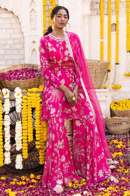Chhavvi Aggarwal Pink Organza, Crepe Floral Motifs, Sequin Work, Dabka Print Kurta Sharara Set Online at Aza Fashions Chhavvi Aggarwal_Pink Organza, Crepe Floral Motifs, Sequin Work, Dabka Print Kurta Sharara Set_Online_at_Aza_Fashions