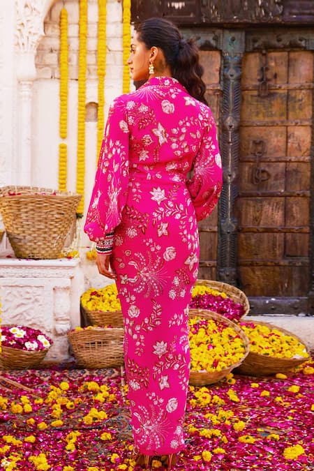 Shop Chhavvi Aggarwal Pink Crepe Floral Motifs, Sequin Work, Beads Shirt Collar Print Draped Dress at Aza Fashions Shop_Chhavvi Aggarwal_Pink Crepe Floral Motifs, Sequin Work, Beads Shirt Collar Print Draped Dress _at_Aza_Fashions