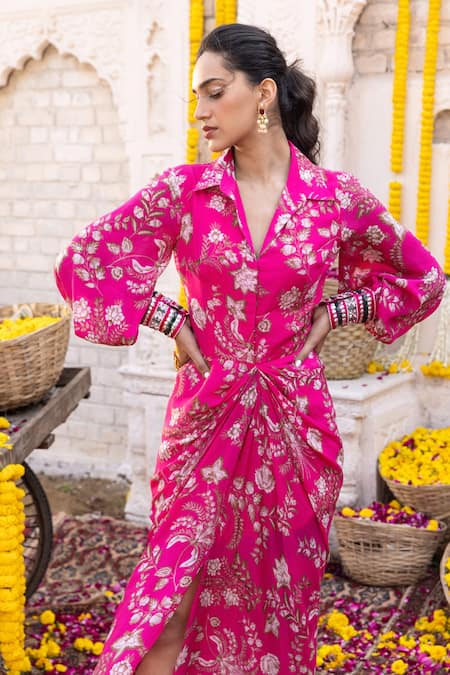 Chhavvi Aggarwal Pink Crepe Floral Motifs, Sequin Work, Beads Shirt Collar Print Draped Dress Online at Aza Fashions Chhavvi Aggarwal_Pink Crepe Floral Motifs, Sequin Work, Beads Shirt Collar Print Draped Dress _Online_at_Aza_Fashions