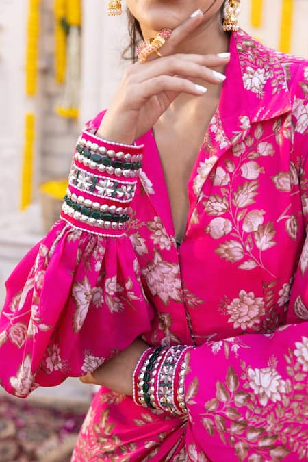 Buy Chhavvi Aggarwal Pink Crepe Floral Motifs, Sequin Work, Beads Shirt Collar Print Draped Dress Online at Aza Fashions Buy_Chhavvi Aggarwal_Pink Crepe Floral Motifs, Sequin Work, Beads Shirt Collar Print Draped Dress _Online_at_Aza_Fashions