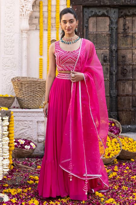 Chhavvi Aggarwal_Pink Organza, Georgette Sequin Work, Dabka Scoop Neck Embroidered Lehenga Set_Online_at_Aza_Fashions
