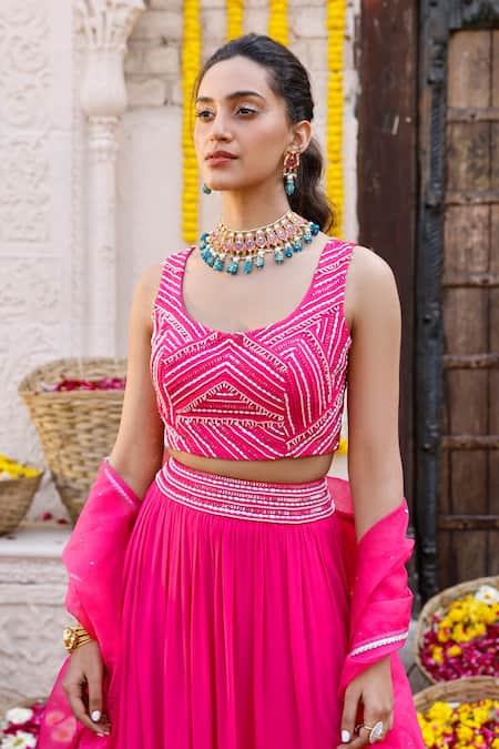 Buy_Chhavvi Aggarwal_Pink Organza, Georgette Sequin Work, Dabka Scoop Neck Embroidered Lehenga Set_Online_at_Aza_Fashions