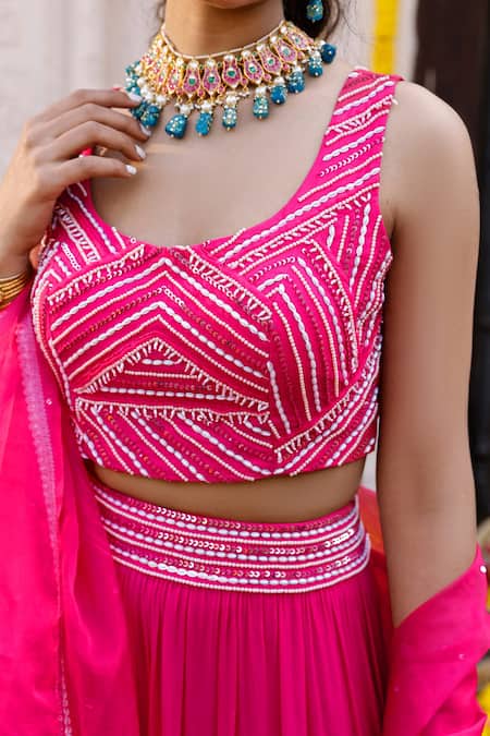 Shop_Chhavvi Aggarwal_Pink Organza, Georgette Sequin Work, Dabka Scoop Neck Embroidered Lehenga Set_Online_at_Aza_Fashions