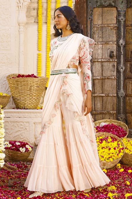 Chhavvi Aggarwal Peach Organza, Crepe, Georgette Floral Motifs, Pre-draped Sharara Saree Set Online at Aza Fashions Chhavvi Aggarwal_Peach Organza, Crepe, Georgette Floral Motifs, Pre-draped Sharara Saree Set _Online_at_Aza_Fashions