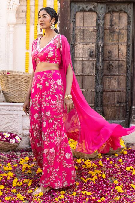 Chhavvi Aggarwal_Pink Crepe, Georgette Floral Motifs, Sheer Cape And Printed Kurta Sharara Set _Online_at_Aza_Fashions