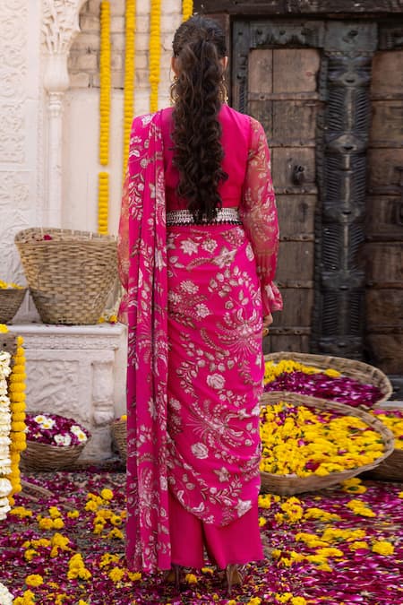 Shop Chhavvi Aggarwal Pink Organza, Crepe Floral Motifs, Sequin Work, Pre-draped Printed Saree Set at Aza Fashions Shop_Chhavvi Aggarwal_Pink Organza, Crepe Floral Motifs, Sequin Work, Pre-draped Printed Saree Set _at_Aza_Fashions