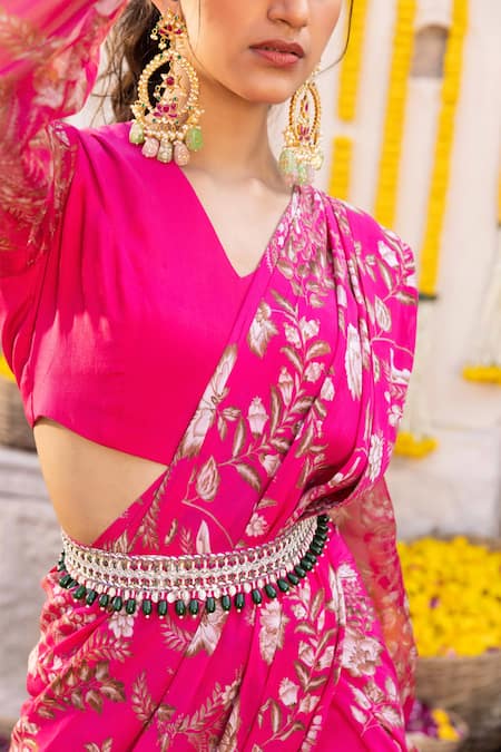 Buy Chhavvi Aggarwal Pink Organza, Crepe Floral Motifs, Sequin Work, Pre-draped Printed Saree Set Online at Aza Fashions Buy_Chhavvi Aggarwal_Pink Organza, Crepe Floral Motifs, Sequin Work, Pre-draped Printed Saree Set _Online_at_Aza_Fashions
