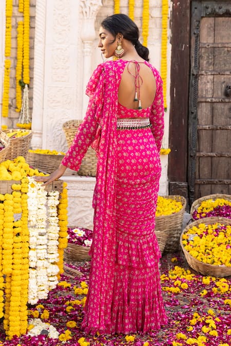 Chhavvi Aggarwal Pink Georgette Floral Motifs, Sequin Work, Dabka Pre-draped Ruffle Saree Set Online at Aza Fashions Chhavvi Aggarwal_Pink Georgette Floral Motifs, Sequin Work, Dabka Pre-draped Ruffle Saree Set _Online_at_Aza_Fashions