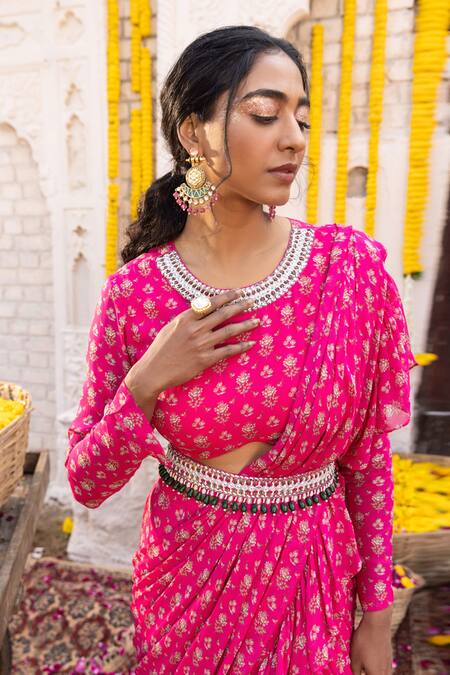 Shop Chhavvi Aggarwal Pink Georgette Floral Motifs, Sequin Work, Dabka Pre-draped Ruffle Saree Set Online at Aza Fashions Shop_Chhavvi Aggarwal_Pink Georgette Floral Motifs, Sequin Work, Dabka Pre-draped Ruffle Saree Set _Online_at_Aza_Fashions