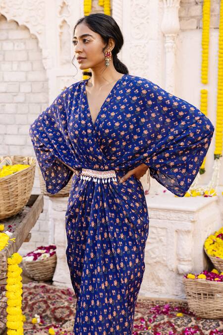 Buy Chhavvi Aggarwal Blue Crepe Floral Motifs, Sequin Work, Beads V Neck Print Maxi Dress Online at Aza Fashions Buy_Chhavvi Aggarwal_Blue Crepe Floral Motifs, Sequin Work, Beads V Neck Print Maxi Dress_Online_at_Aza_Fashions