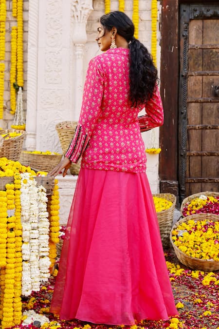 Shop Chhavvi Aggarwal Pink Organza, Crepe Floral Motifs, Sequin Work, Printed Jacket And Lehenga Set at Aza Fashions Shop_Chhavvi Aggarwal_Pink Organza, Crepe Floral Motifs, Sequin Work, Printed Jacket And Lehenga Set_at_Aza_Fashions