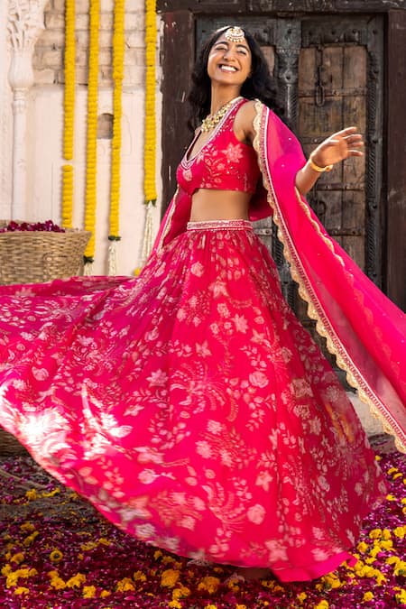 Buy_Chhavvi Aggarwal_Pink Organza Floral Motifs, Sequin Work, Beads Leaf Neck Print Lehenga Set _Online_at_Aza_Fashions