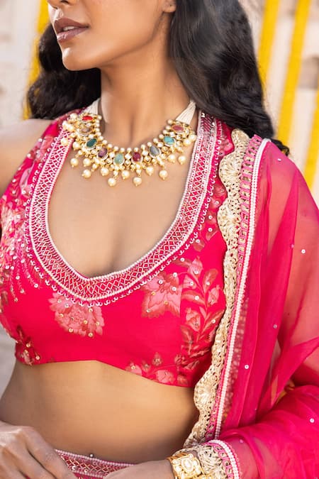 Shop_Chhavvi Aggarwal_Pink Organza Floral Motifs, Sequin Work, Beads Leaf Neck Print Lehenga Set _Online_at_Aza_Fashions