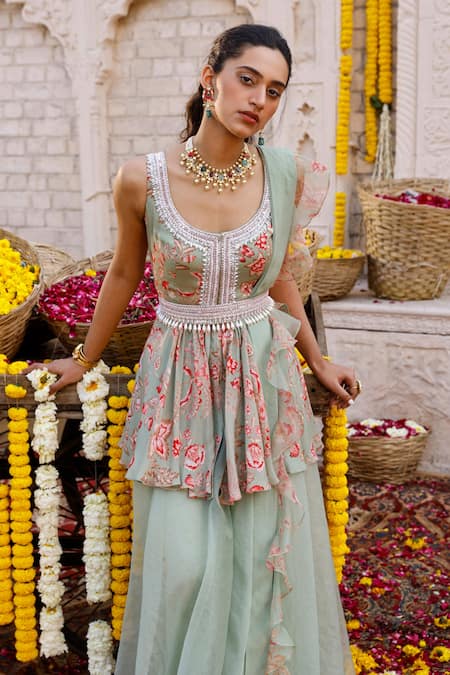Chhavvi Aggarwal_Green Organza, Crepe, Georgette Floral Motifs, Sequin Print Kurta Palazzo Set_Online_at_Aza_Fashions